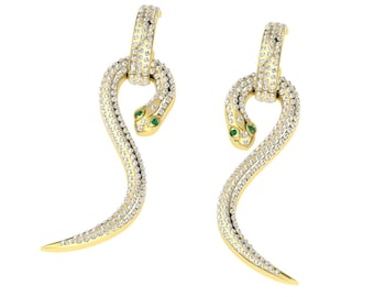 18K/14K Solid Gold Natural Diamond Dangling Snake Stud Earring/ Solid Gold  and  Natural Diamond Dangle Stud Earring  46MM