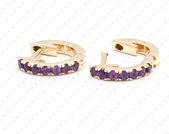 11mm  Amythest gemstone huggie earrings, 14k gold Amythest huggies, dainty hoops,  eternity hoop earrings
