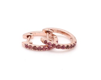 13mm  ruby gemstone huggie earrings, 14k gold pink colour huggies, dainty hoops,  pink eternity hoop earrings