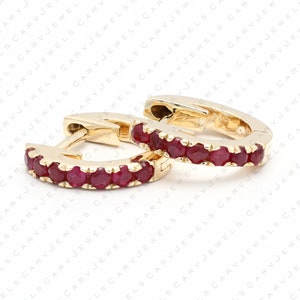 11mm  ruby gemstone huggie earrings, 14k gold Ruby huggies, dainty hoops,  eternity hoop earrings