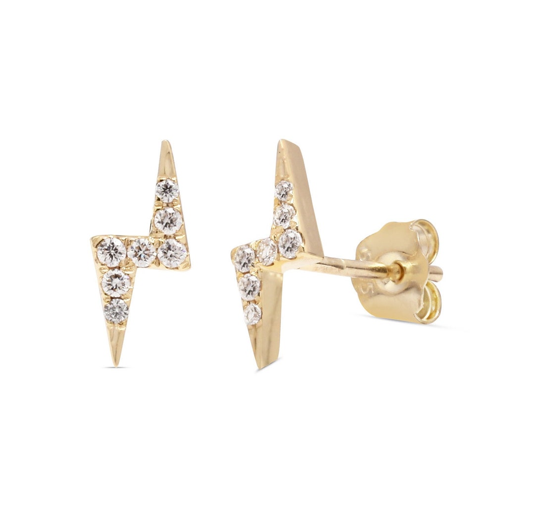 14k Gold Diamond Lightning Bolt Earring, Lightning Bolt Stud Earrings