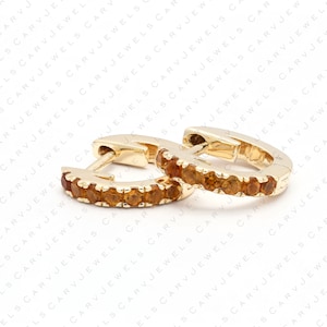 11mm  Citrine gemstone huggie earrings, 14k gold Citrine huggies, dainty hoops,  eternity hoop earrings