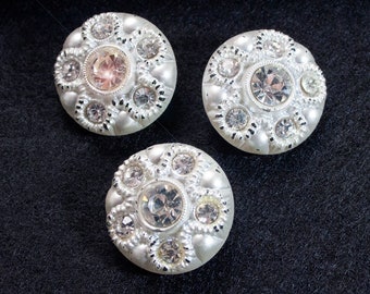 3 old vintage rhinestone glass buttons 23 mm white glass buttons, vintage wedding, wedding dress buttons, buckle types