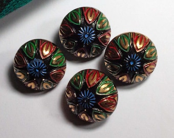 4 antique glass buttons 18 mm black with painting, traditional buttons, collectible old glass buttons, vintage buttons, hand-painted