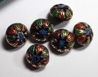 6 antique glass buttons 14 mm black with painting, traditional buttons, collectible old glass buttons, vintage buttons, hand-painted