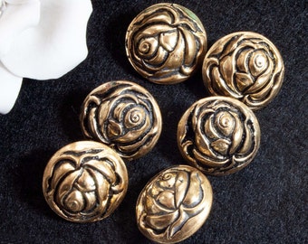 6 vintage buttons roses 19 mm gold-colored, black, old buttons, metal buttons, antique, 40s, 50s, buckle types