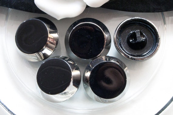 5 Glass Buttons 23 Mm Black Silver Buttons Glass Old Etsy