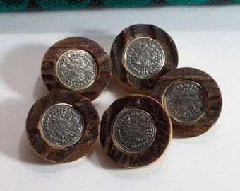 5 old 25 mm traditional coat of arms stag horn buttons horn buttons brown silver colored vintage traditional buttons old horn buttons, bucklesARTen