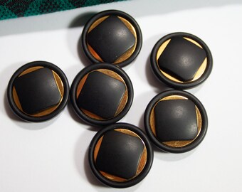 6 vintage buttons 22 mm black and gold, plastic buttons, old buttons, buckle types