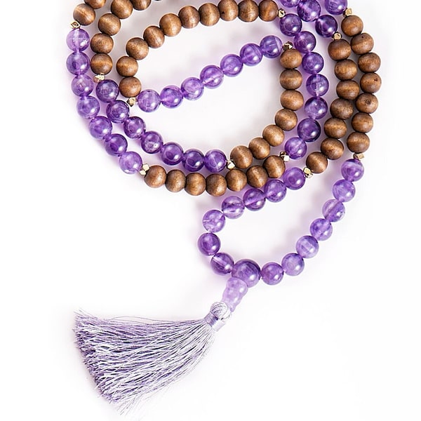 Mala Kette mit Amethyst und Kiefer für Intuition und ein langes Leben