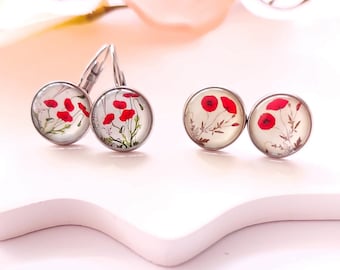 Ohrringe nach Wahl Mohn Blüten Blumen rot Glas Papier Cabochon als Ohrstecker / Ohrhänger in silber / bronze / golden / rosé golden