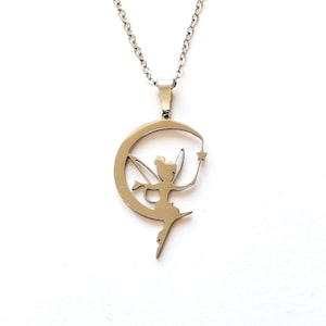 Necklace Fairy on Moon Elf Fairy Tale Magic Flying Wings Girl Stainless Steel Golden Silver