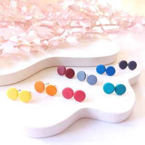 Op de afbeelding: Een set van 10 kleurrijke ronde oorbel studs. De oorbellen zijn gerangschikt in een regenboogpatroon op een wit oppervlak. De oorbellen zijn gemaakt van polymer clay en hebben een matte afwerking.