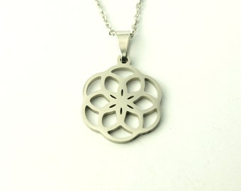 Cadena colgante flor de la vida acero inoxidable flor de plata