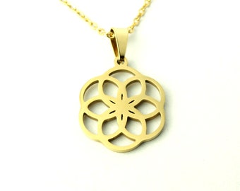 Colgante cadena flor de la vida acero inoxidable flor dorada
