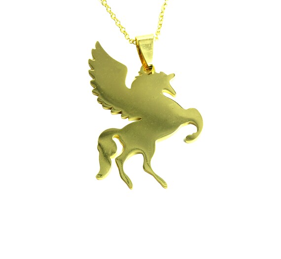BlackAmazement Ciondolo con collana in acciaio inox 316L massiccio cavallo alato Pegasus Horse Pony argento catena donna, acciaio inox