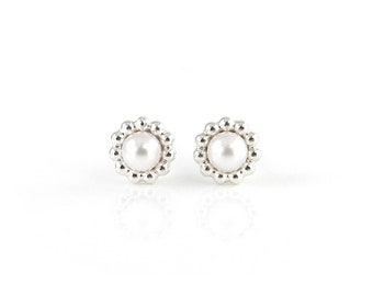 Boucles d’oreilles Pearl Stud, Boucles d’oreilles argentées minimalistes avec perle Akoya