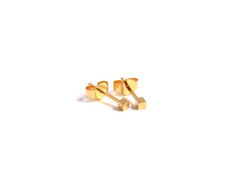 gold plated cube stud earrings, minimalist stud earrings image 2