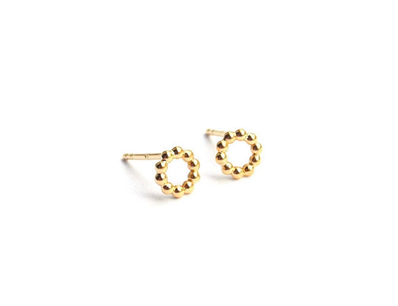 gold bead earrings, minimalist circle earrings image 1