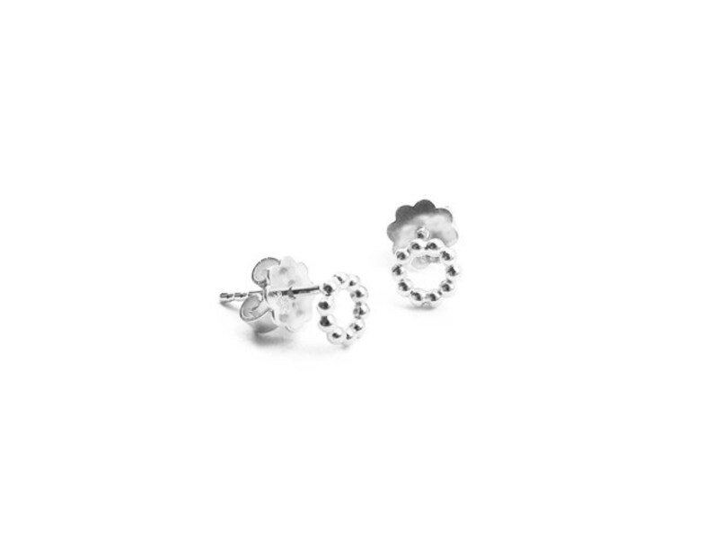 Silver bead earrings, circular studs image 2