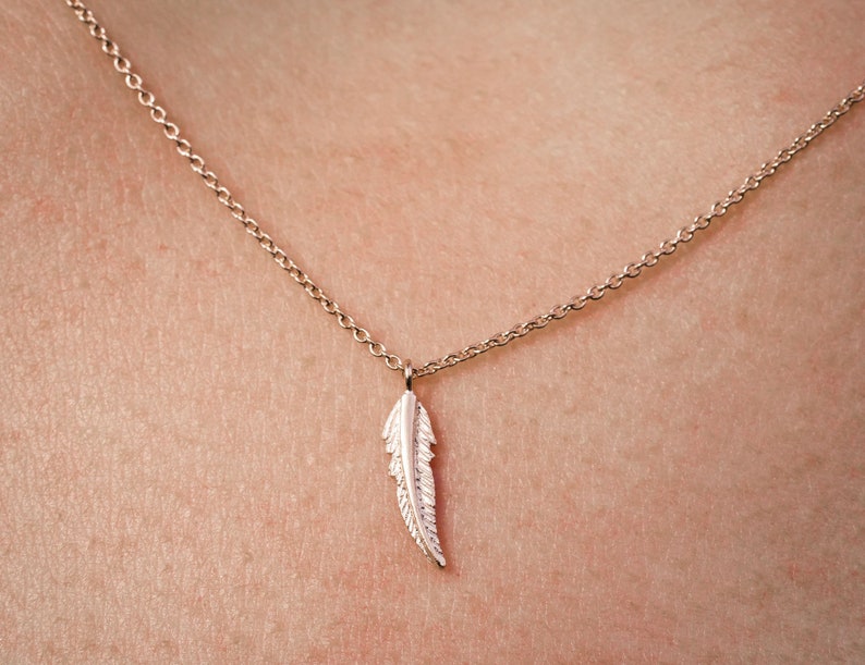 rose gold feather necklace, rose gold feather pendant with chain, short chain image 2