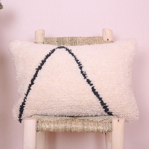 Handmade Moroccan Wool Pillow - Cream Shaggy Lumbar Cushion with Black Tribal Lines - Berber Ethnic Sofa Throw - 14.56 x 21.65 inches