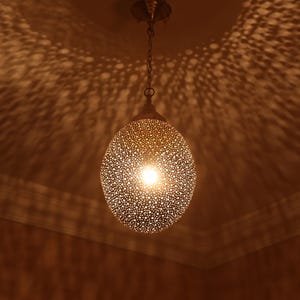 Moroccan Brass Teardrop Pendant Light – Handmade Pierced Lantern, Boho Ceiling Lamp, Arabic Shadow Lighting, Kitchen or Bedroom Fixture