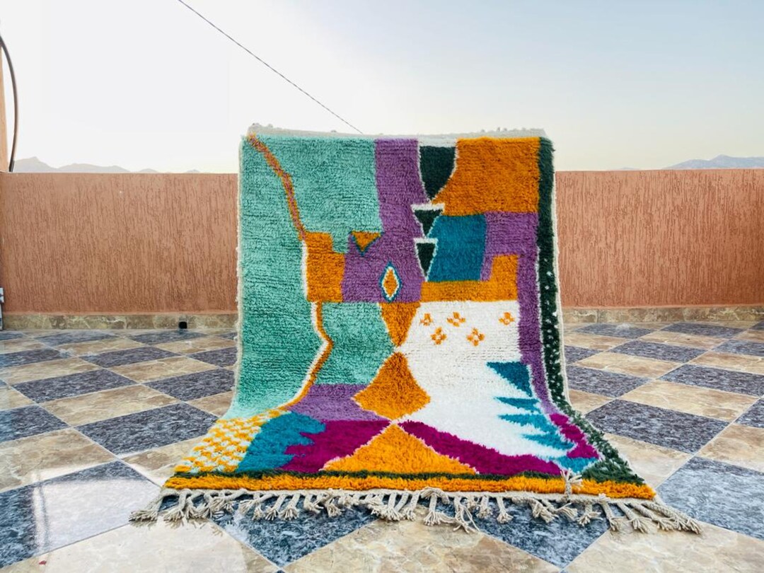 オレンジ 幾何学模様 ラグ　モロッコ現地購入　ハンドメイド オレンジ 幾何学模様 ラグ モロッコ現地購入 ハンドメイド