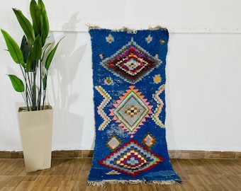 Runner moroccan rug - Vintage azilal rug - Moroccan berber rug - Unique Moroccan rug 6.5 FT x 3.1 FT- Vintage blue Rug 6x3 - blue Runner rug