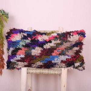 Handmade Moroccan Wool Pillow with Colorful Stripes & Berber Shag Design Vintage Kilim Cushion Cover Tribal Home DecorBoho Accent 16x30 inch