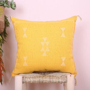 Handwoven Yellow Moroccan Silk Pillow Cover - Bright Berber Cushion for Boho Decor, Tribal Ethnic Textile, Artisan Pillow 17.71x18.89 inches