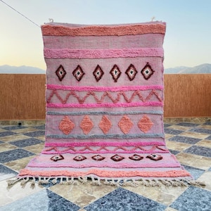 Pink Moroccan Rug, Beni Ourain, Moroccan Carpet, Hand Knotted, Wool Rug, Dark Brown, Cream, Graphic Rug, Bold Rug, Tribal Design, Area Rug