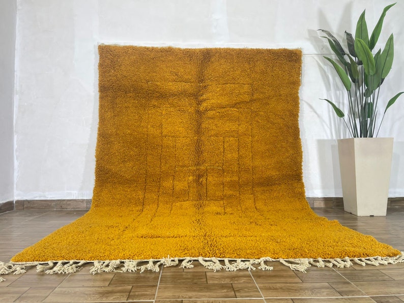 Yellow Moroccan rug Beni Ourain rug Handmade rug Custom Yellow rug Sheep Wool rug Abstract Yellow rug Plain rug Custom rug image 1