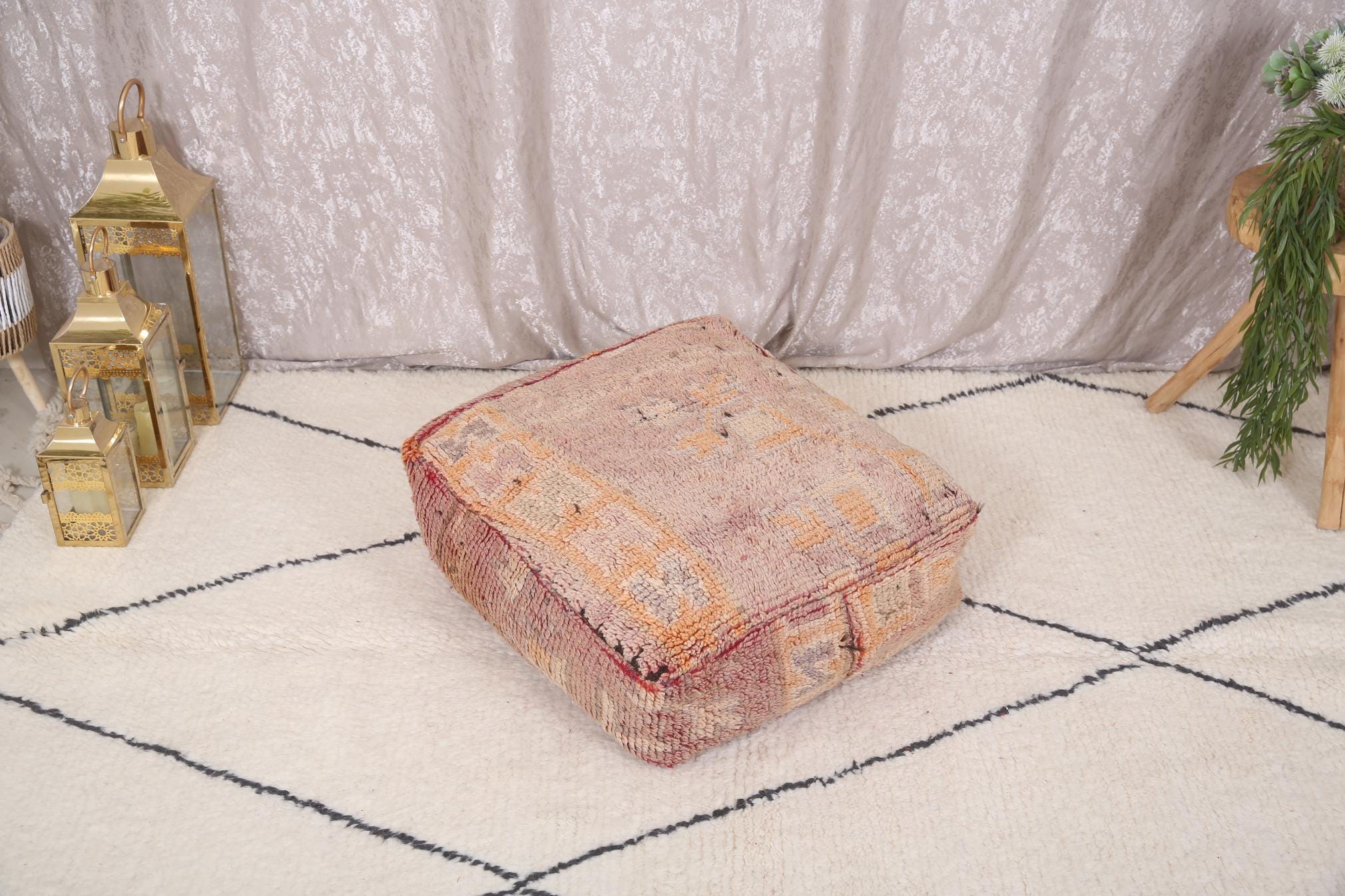 Vintage Moroccan Wool Pouf - Handcrafted Floor Cushion with Faded Red & Beige Geometric Patterns