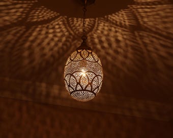 Handmade Moroccan Brass Pendant Light – Pierced Ceiling Lamp for Warm Shadows, Boho Decor, Bedroom, Entryway, Kitchen Fixture
