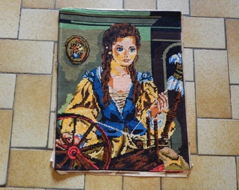 French canvas, Vintage French, French country, tapestry canvas, canvas art, spinning wheel, needlepoint tapestry, wall hanging, tapestries,