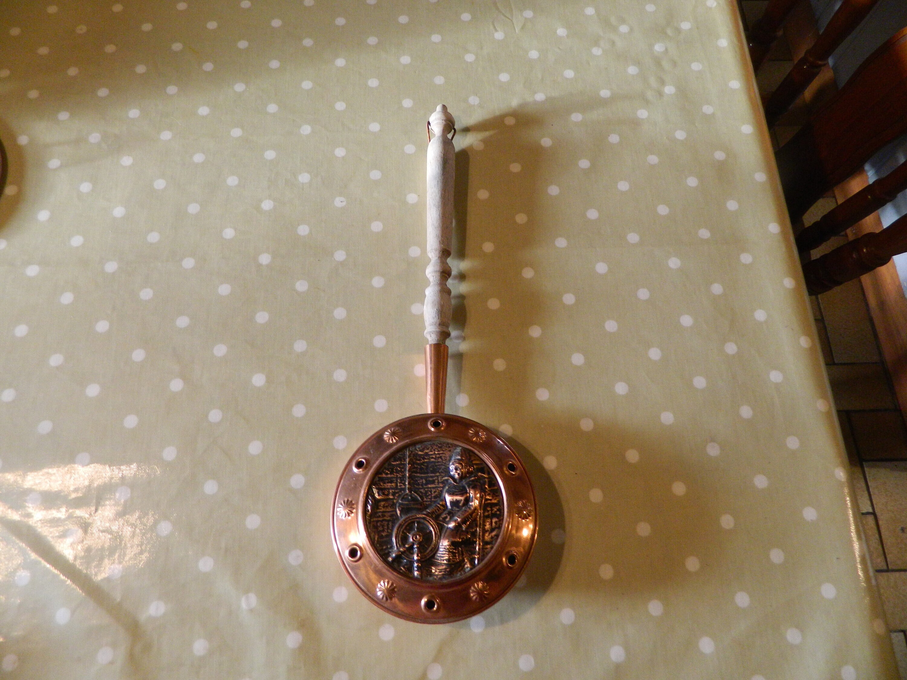 Vintage Français Cuivre Pan Lit Chauffe-Lit Petite Poignée Murale Pendage Décor Main Cadeau Affichag