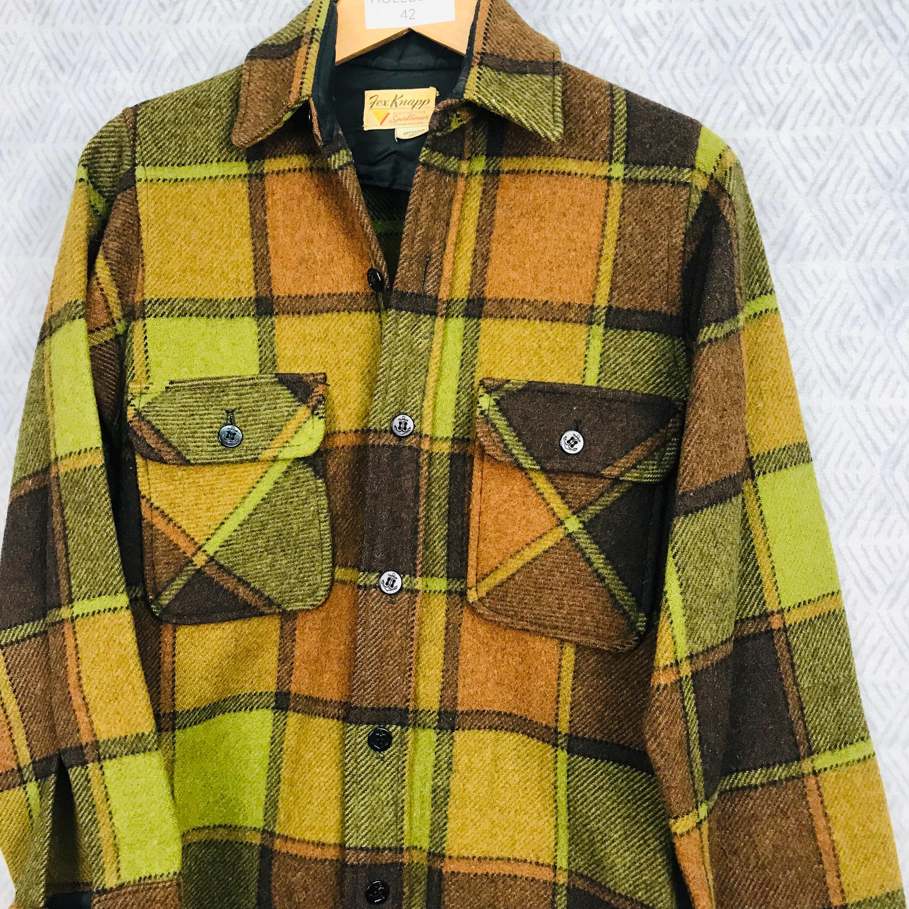 Fox Knapp Wool Green Check Plaid Men's Shirt Jacket XS 1960s/70s
