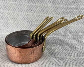 Vintage Französisch Kupfer Mini Stielkasserolle Set Massivem Kupfer Messing Griffe Set 5 Kleine Pfannen Rustikale Bauernhaus Küche Dekor