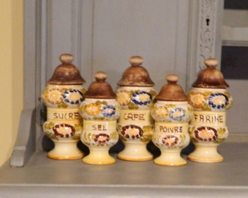 Français Stockage, Pots de Rangement, Bidons Français, Français Pays, avec Couvercles, Vintage, d'ép