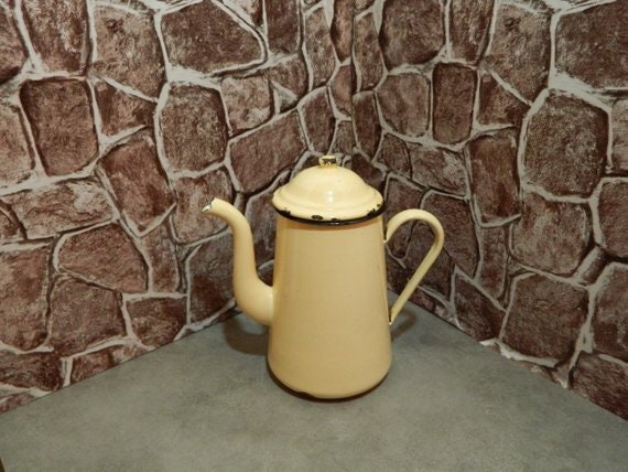 Français en Émail, Pays Français, Émail à La Crème, Vintage Théière Français Pot de Café, Métal Émai