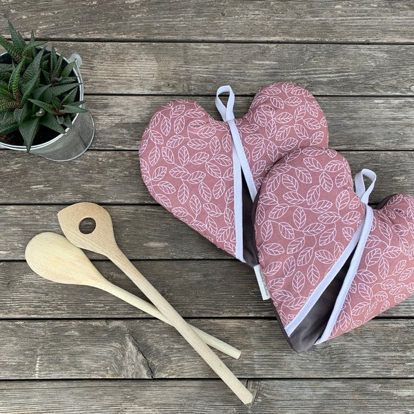 Oven gloves / pot gloves * country house * 2 pieces in old pink with leaves