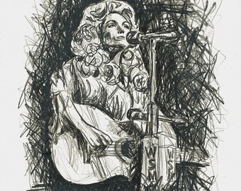 May include: A black and white pencil drawing of a country music singer performing on stage. The singer is holding a guitar and singing into a microphone. The drawing is surrounded by a black background.