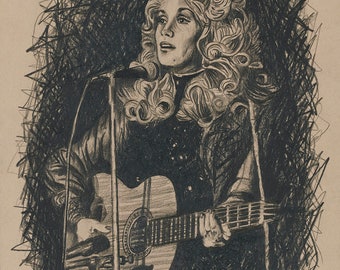 May include: A black and white drawing of a woman with blonde hair playing a guitar. She is wearing a black jacket and a white shirt. The drawing is surrounded by a black scribble.