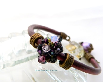 Damen-Lederarmband, Lederarmband mit handgefertigtem Stück, rötliches Lederarmband, lila-bronzefarbenes Amethyst-Armband, handgefertigt, Schmuck