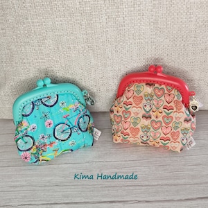Red or turquoise snap closure purse, handmade fabric purse, bicycle print wallet, heart print wallet