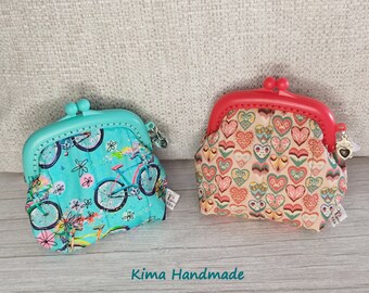 Red or turquoise snap closure purse, handmade fabric purse, bicycle print wallet, heart print wallet