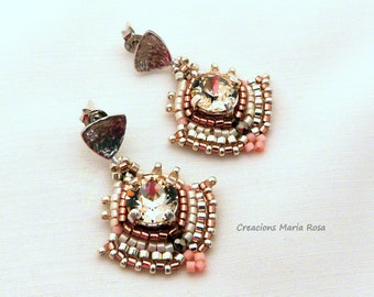 Pendientes Cristal Swarovski Alma, pendientes para novia, pendientes boda, aretes hechos a mano, pendientes elegantes, aretes rosa y seda