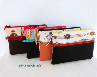 wallet with two zippers, wallets for women, girls, vegan leather wallet and cotton fabric, handmade purse, fun fabric wallet