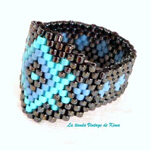 Peyote ring, boho ring, handmade, crystal miyuki, blue and black, ring image 2